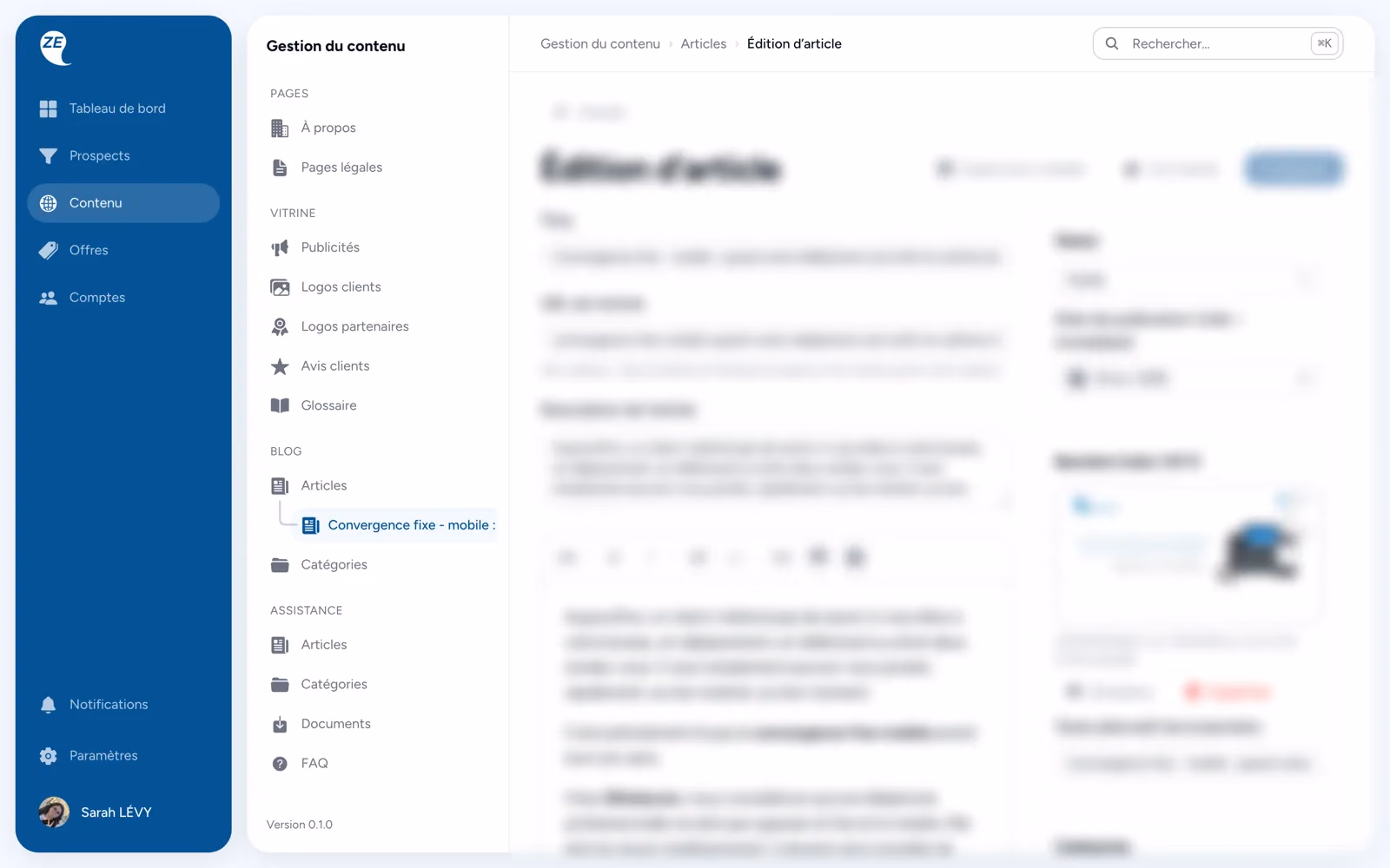 Le back-office de ZEtelecom, page d’édition d’un article de blog