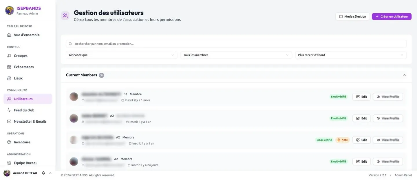 Liste des membres dans le back-office d’ISEP Bands, noms floutés