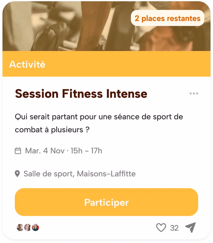 La carte d’une activité, avec ses places restantes