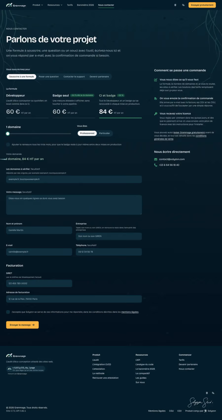Site Grammage, page contact