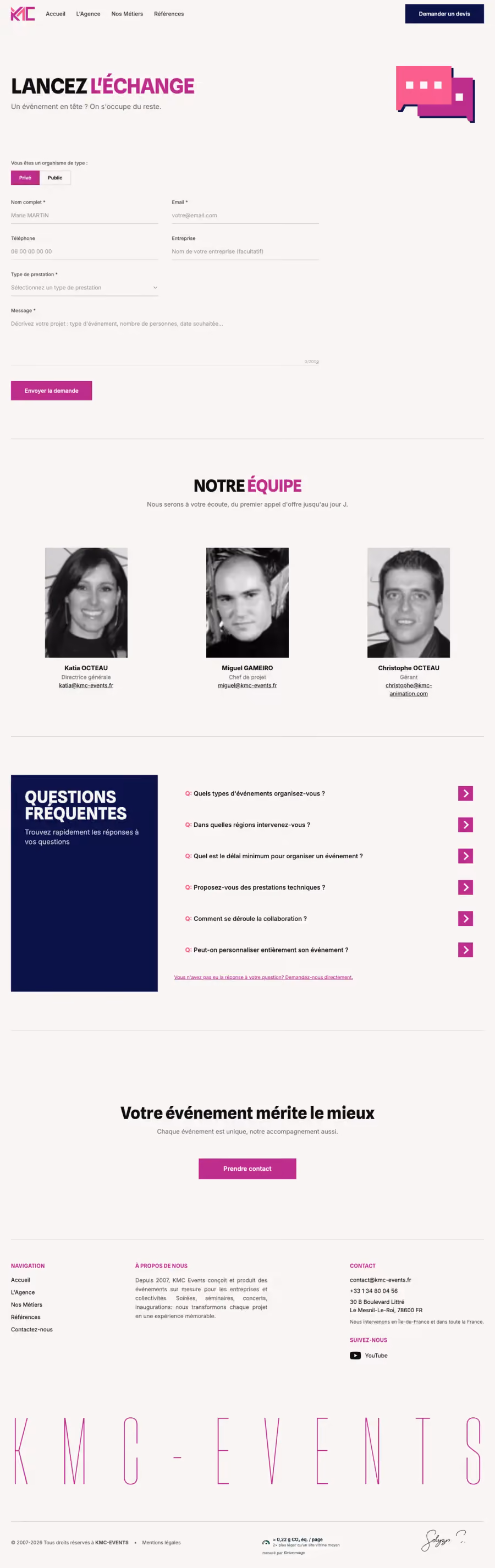 Site KMC Events, page contact