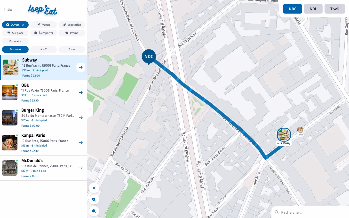 La carte d’Isep’Eat sur ordinateur : les restaurants ouverts autour du campus NDC, et l’itinéraire à pied tracé jusqu’à Subway, à 5 minutes