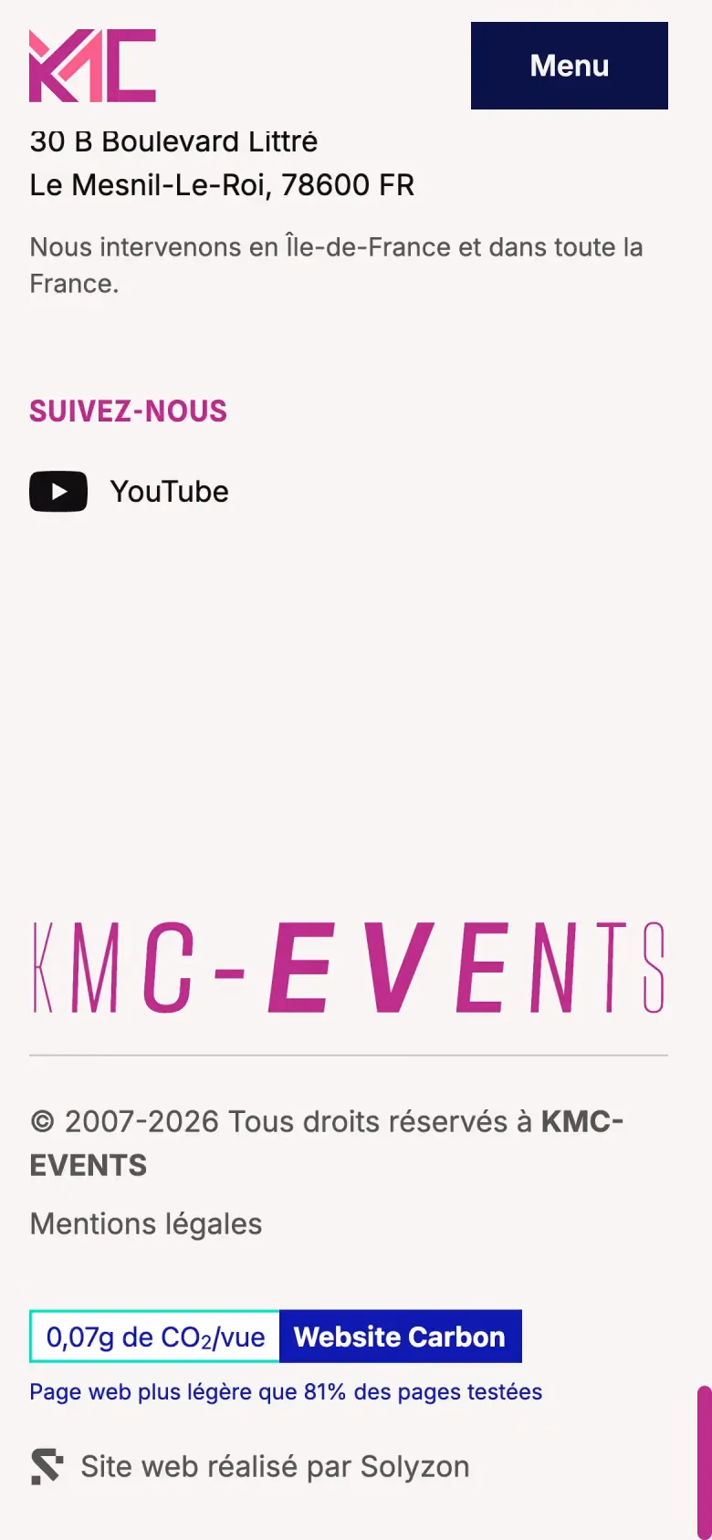 Pied de page de KMC Events sur téléphone