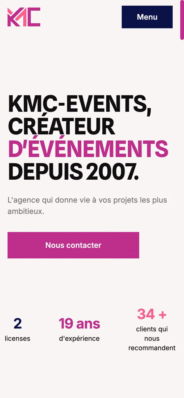 Accueil de KMC Events sur téléphone