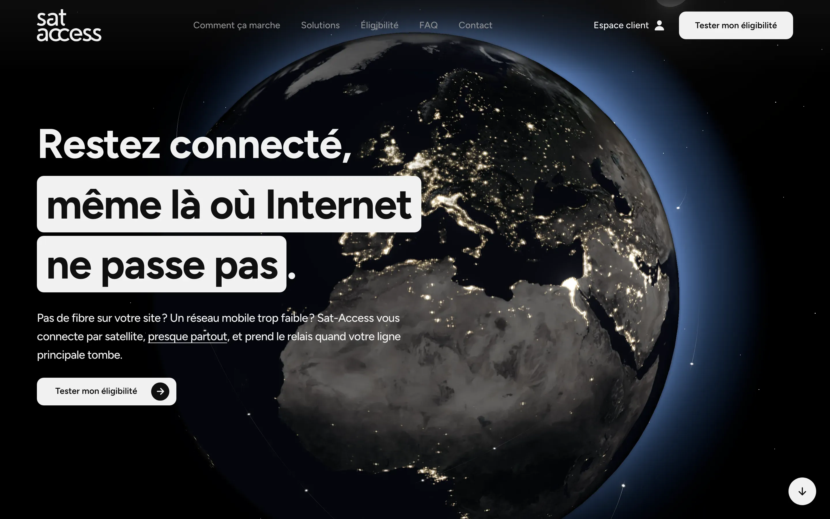 Accueil du site Sat Access, avec la Terre vue de l’espace