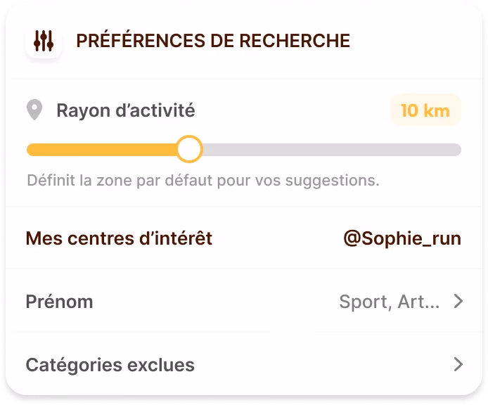 Les préférences de recherche, avec le rayon d’activité